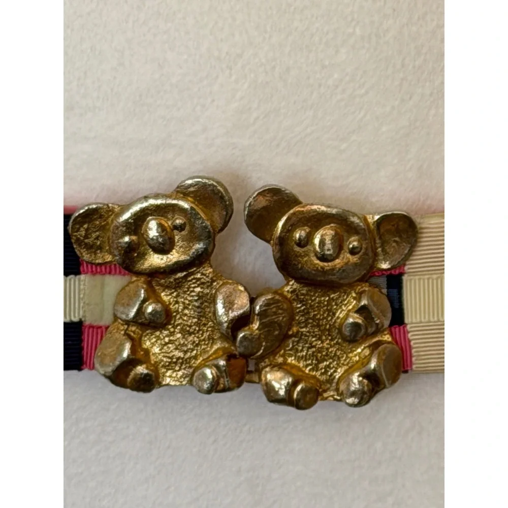 Vintage Patchwork Grosgrain Ribbon Belt Brass Koala Bear Buckle Pink Navy 32in